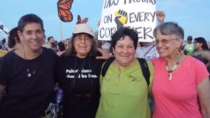 Lena Rothman (Tucson), Deborah Mayaan (Tucson), Elaine Cohen (Austin), Beth Harris (Ithaca) outside Eloy detention center. Photo by Moji Agha
