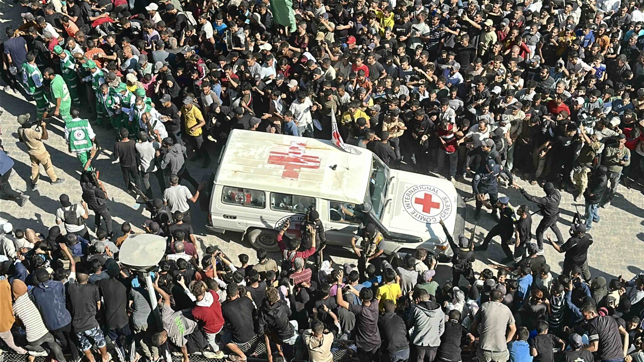 Palestinian captives return to Khan Yunis, Gaza Strip, following ceasefire, October 13, 2025 Red Cross vehicle helps coordinate the return of Palestinians who were held captive in Israeli prisons to Khan Yunis, Gaza Strip, October 13, 2025.