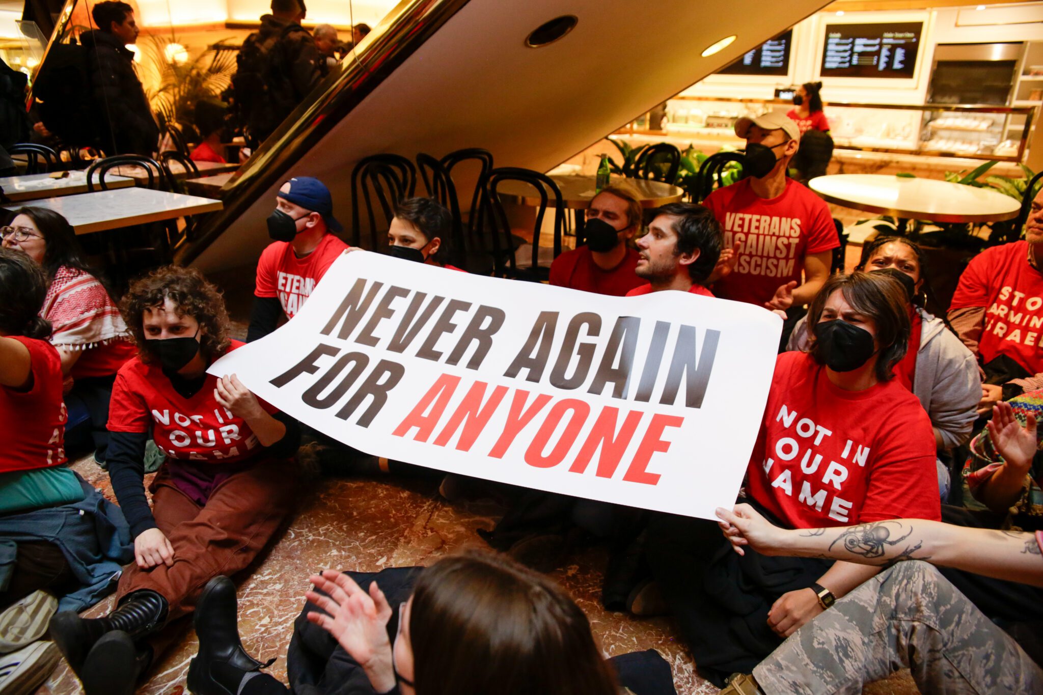 2025-03-13 NYC Trump Tower - Hannah La Follette Ryan_5 A group of people hold a sign reading "never again for anyone"